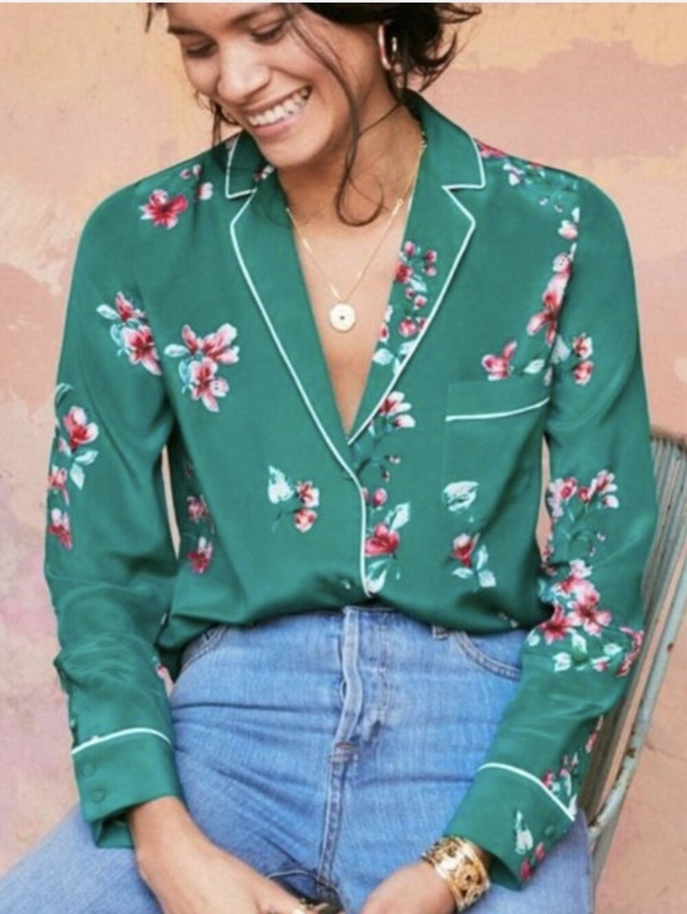 Sezane Elisa Silk Pyjama Top In Bouquet Vert Size 38